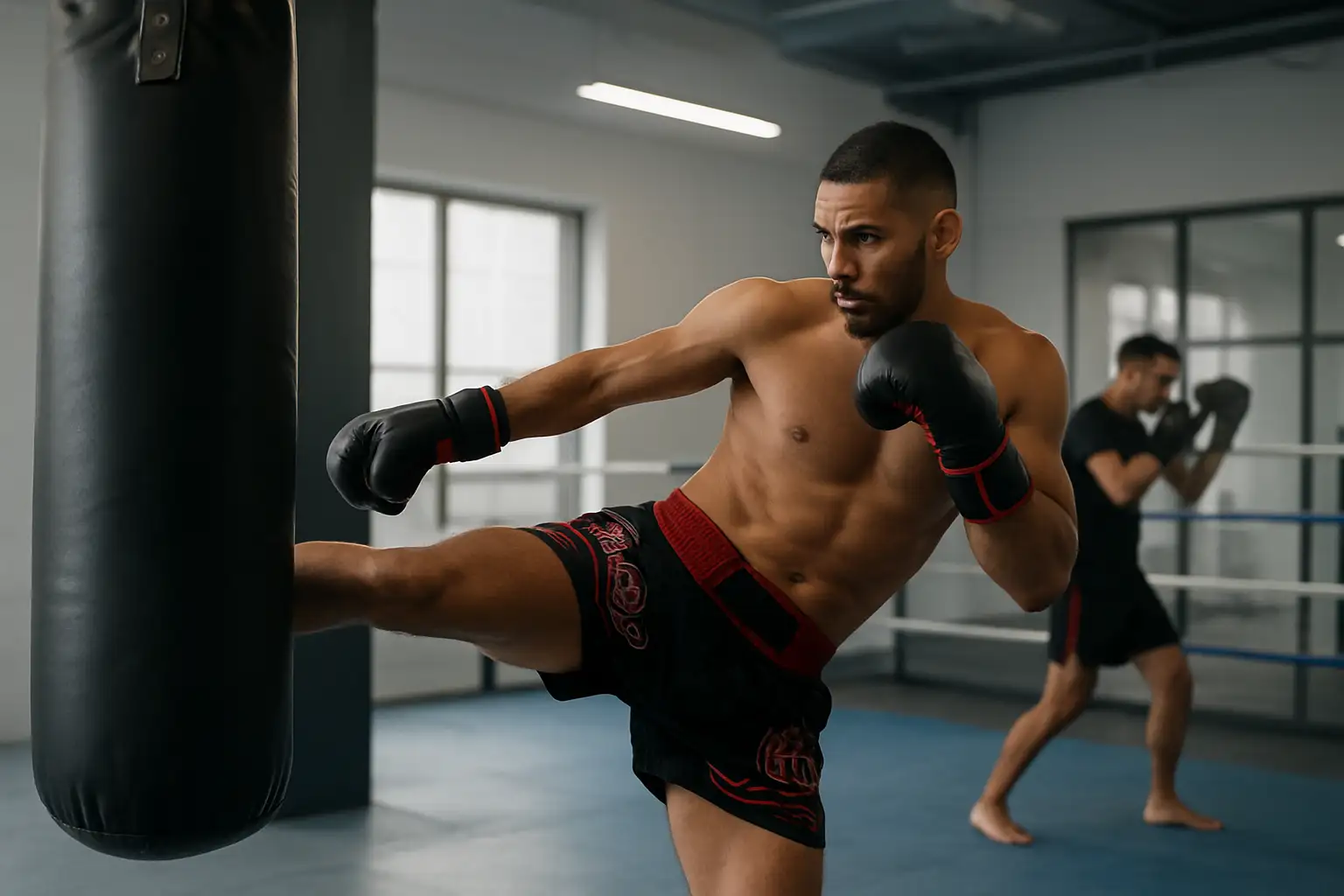 Combattant de Muay Thai en entraînement dans une salle de boxe thaï