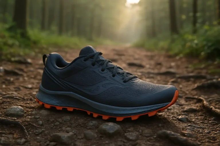 Chaussure de trail Saucony Peregrine posée sur un sentier forestier technique