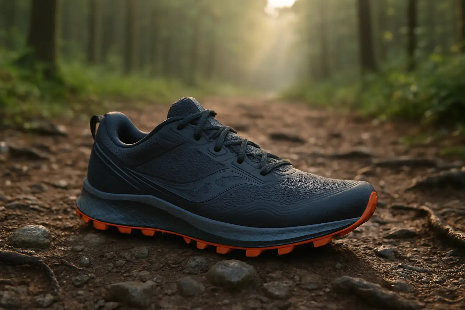 Chaussure de trail Saucony Peregrine posée sur un sentier forestier technique