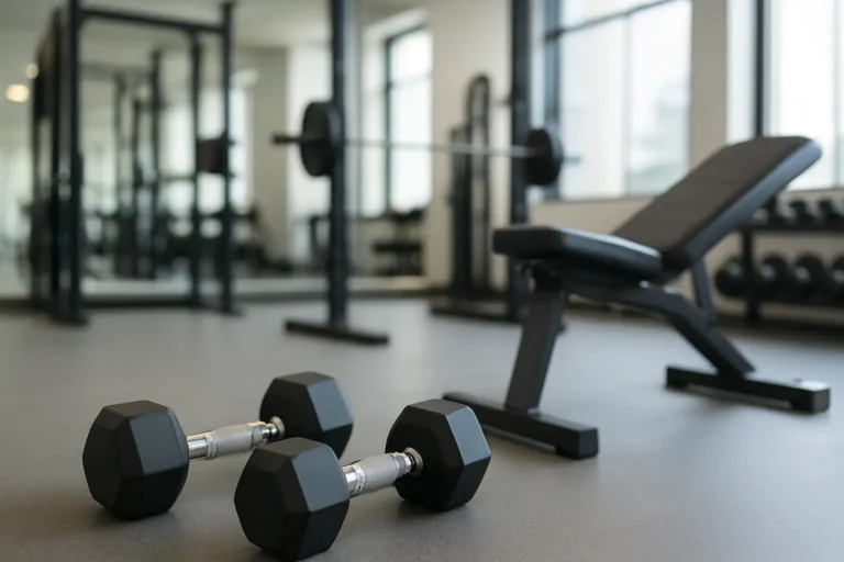 Paire d’haltères dans une salle de musculation pour illustrer le shrug haltère