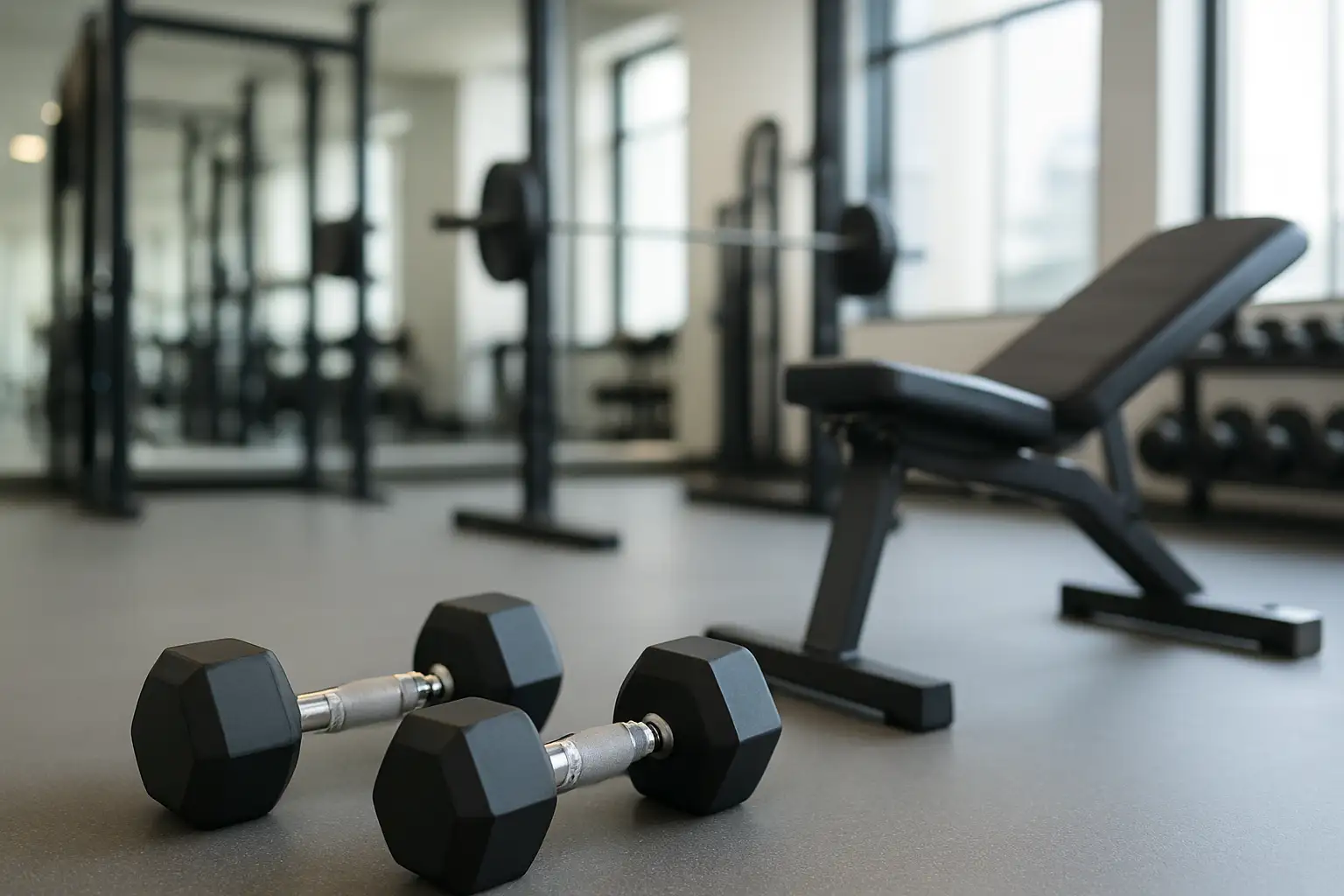 Paire d’haltères dans une salle de musculation pour illustrer le shrug haltère
