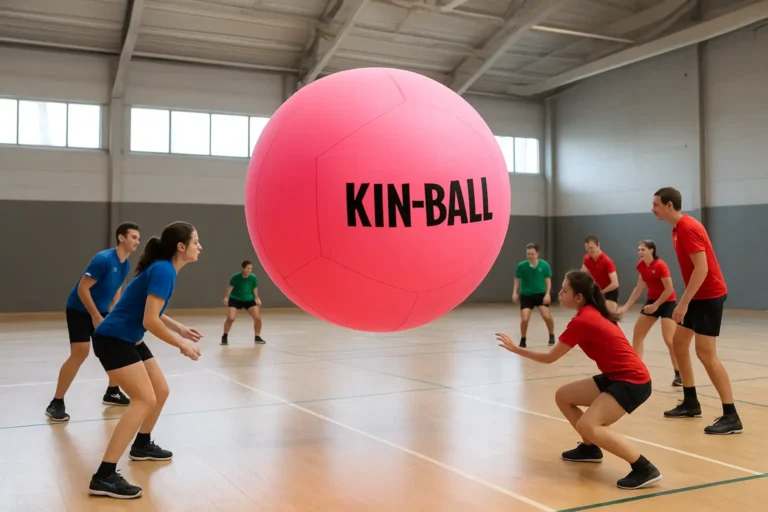 Match de sport Kin-Ball en salle avec ballon géant et trois équipes