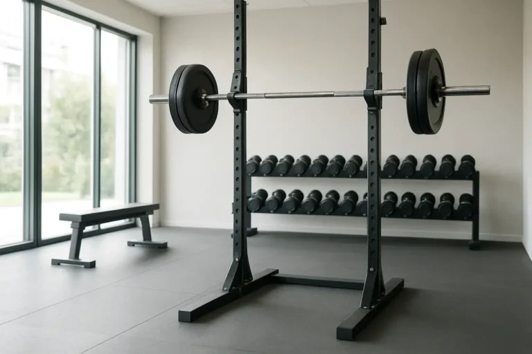Barre de musculation sur un rack de squat dans une salle de sport moderne