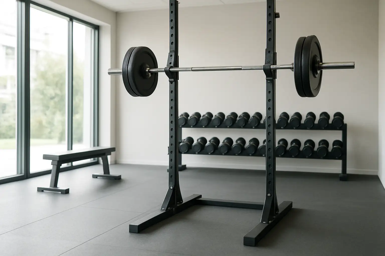 Barre de musculation sur un rack de squat dans une salle de sport moderne