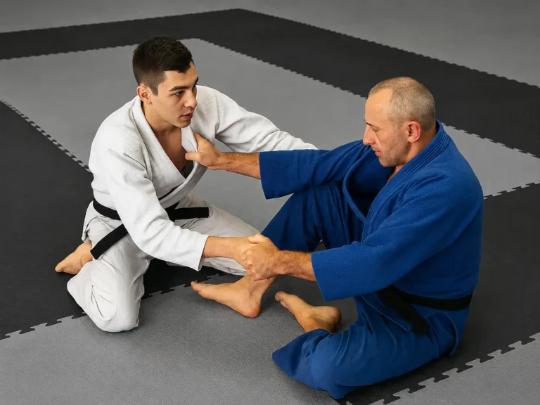 Deux judokas en kimono s’entraînant au sol sur un tapis de judo puzzle gris et noir.