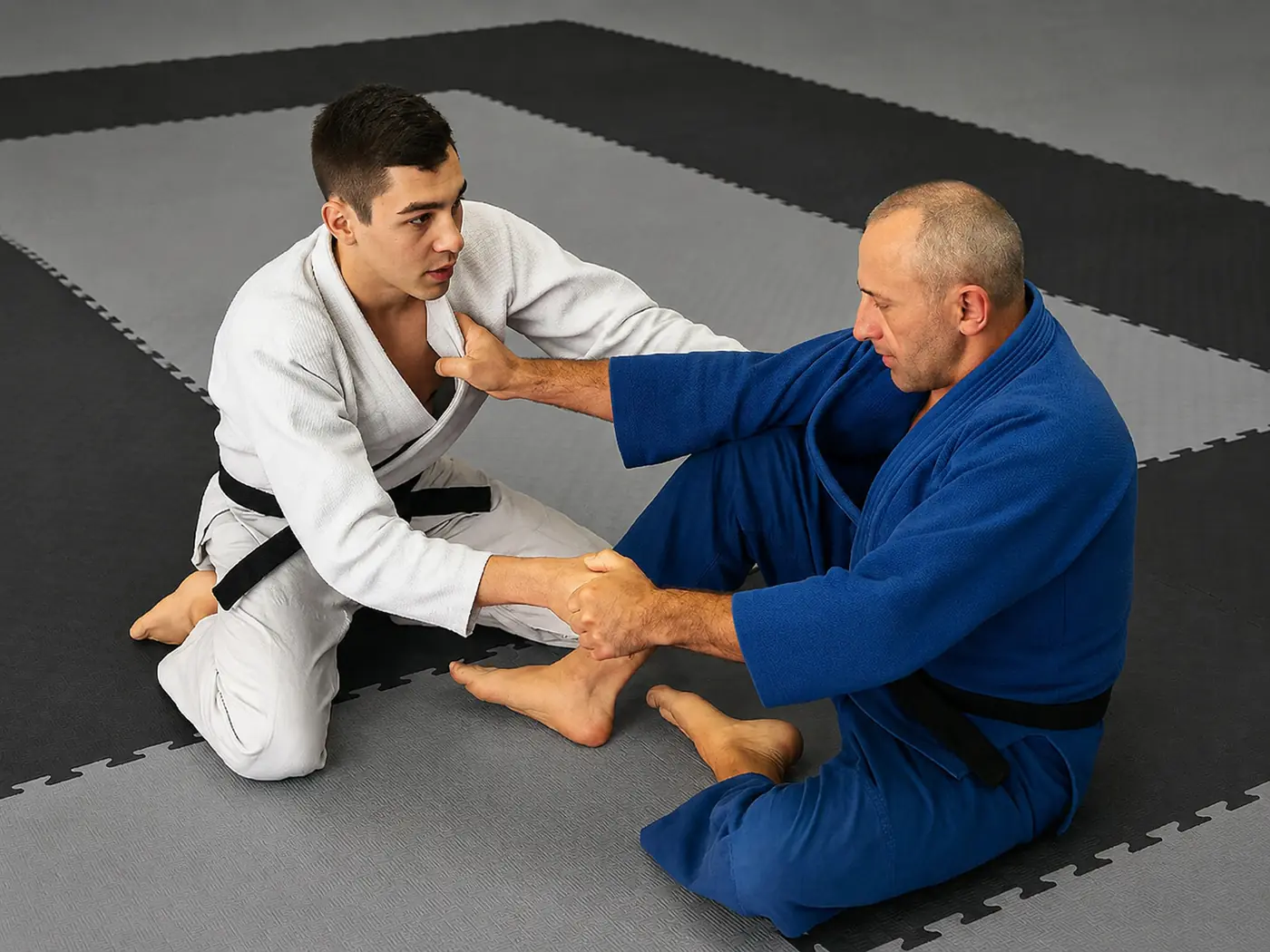 Deux judokas en kimono s’entraînant au sol sur un tapis de judo puzzle gris et noir.
