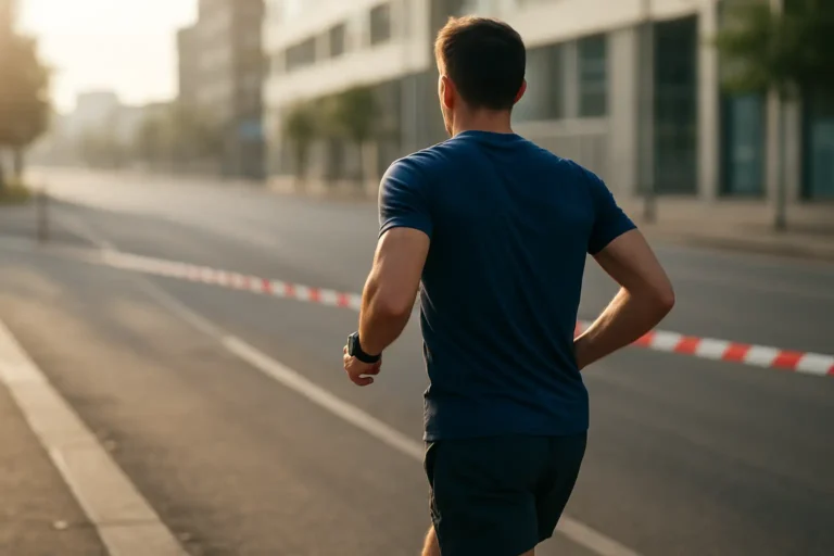 Coureur sur route avec montre de sport lors d’un marathon, illustrant le temps moyen marathon