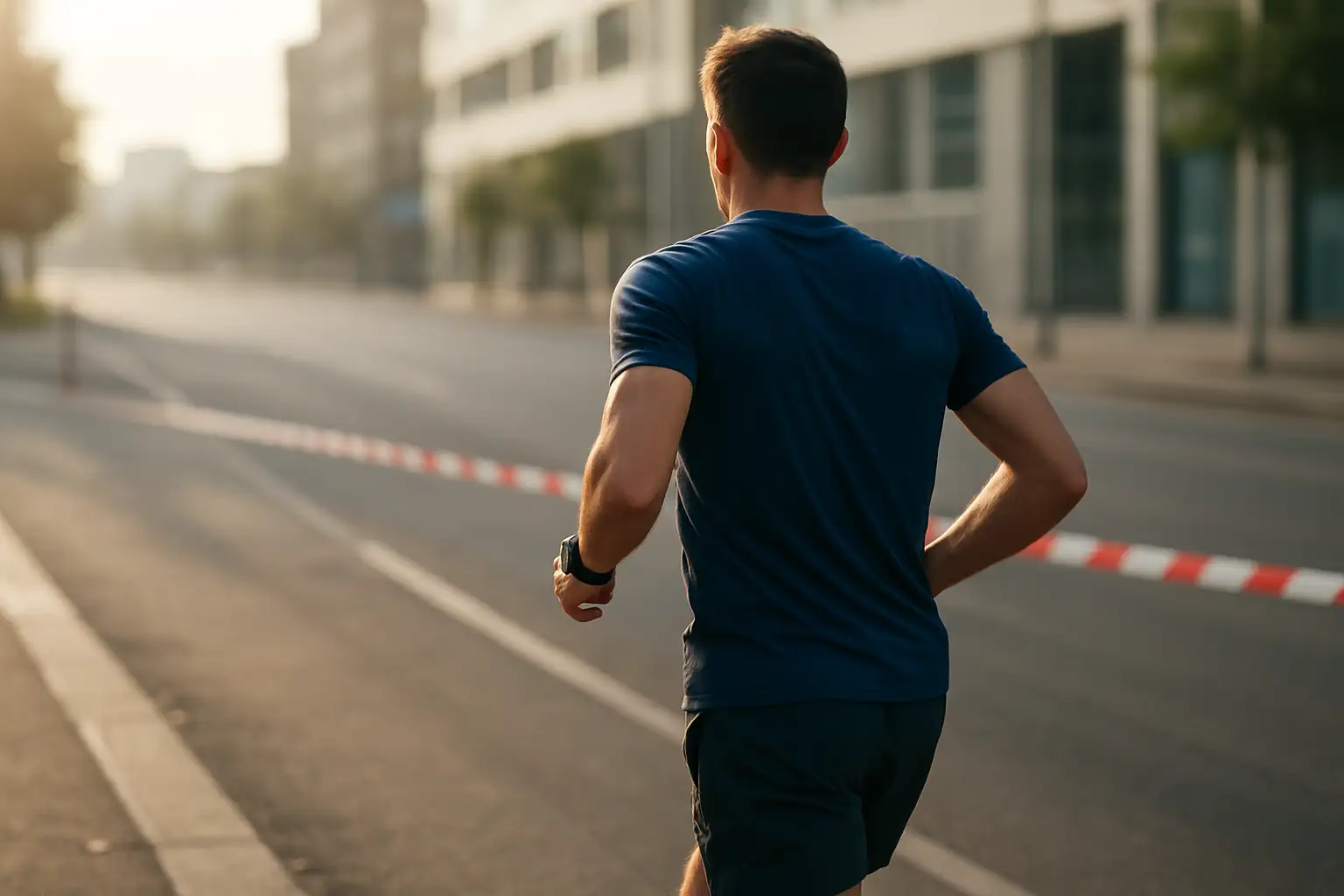 Coureur sur route avec montre de sport lors d’un marathon, illustrant le temps moyen marathon