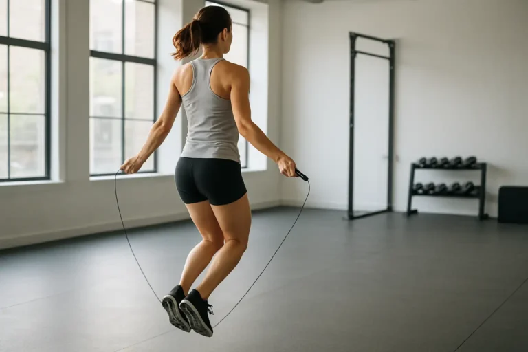 Personne sautant à la corde dans une salle de sport moderne, illustrant un défi d’un mois et ses résultats.