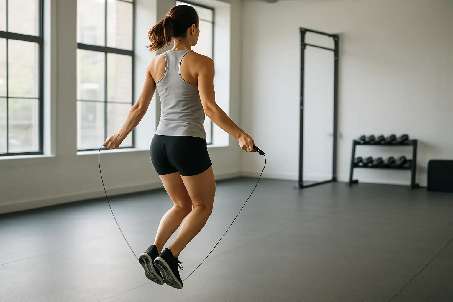 Personne sautant à la corde dans une salle de sport moderne, illustrant un défi d’un mois et ses résultats.