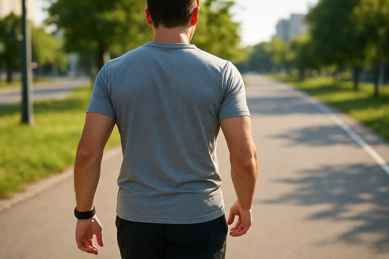Une personne marche avec un podomètre pour estimer 12 000 pas en kilomètres.
