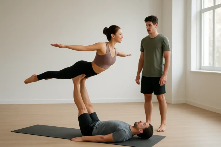 Deux personnes pratiquant l’acroyoga dans une salle de sport, avec un spotter à proximité