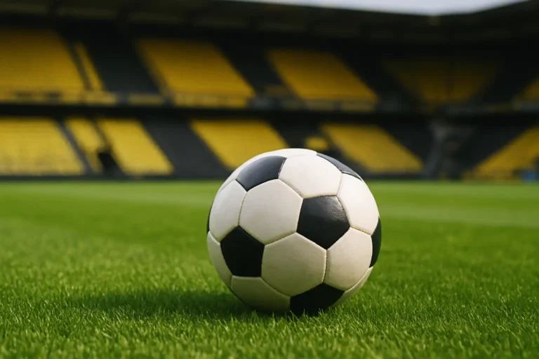 Ballon de football sur la pelouse d’un stade aux couleurs jaune et noir évoquant Dortmund