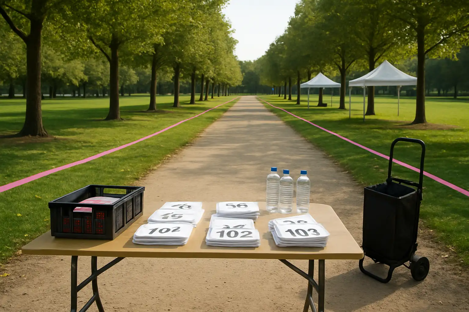 Table d’inscriptions d’un événement Courir POUR ELLES dans un parc, avec dossards et balisage rose