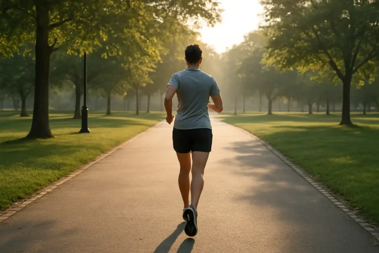 Une personne en footing facile sur un chemin de parc, illustrant la course quotidienne et la récupération active.