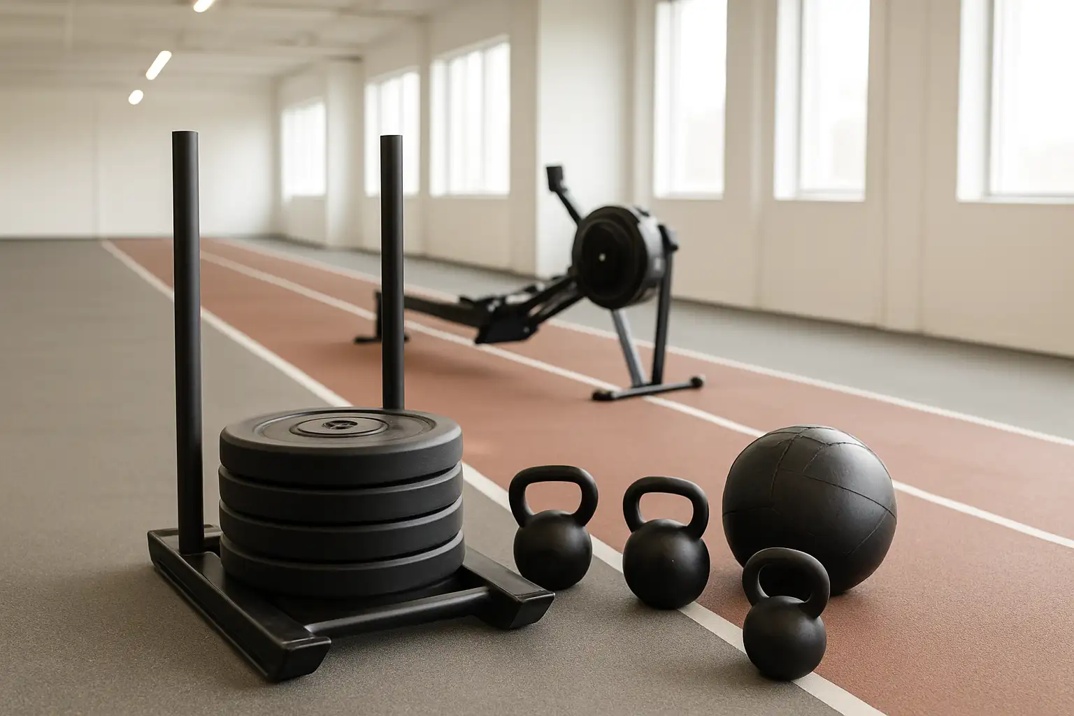 Espace d’entraînement HYROX avec traîneau, kettlebells, wall ball, rameur et piste intérieure