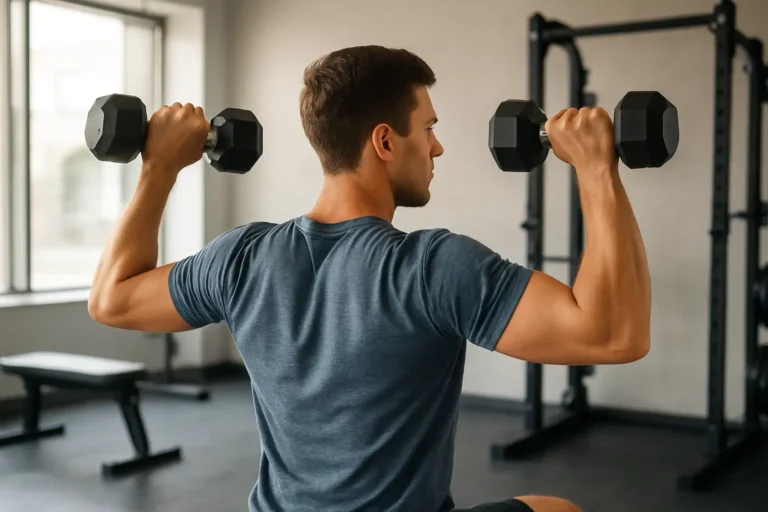 Personne réalisant un développé épaules avec haltères dans une salle de sport