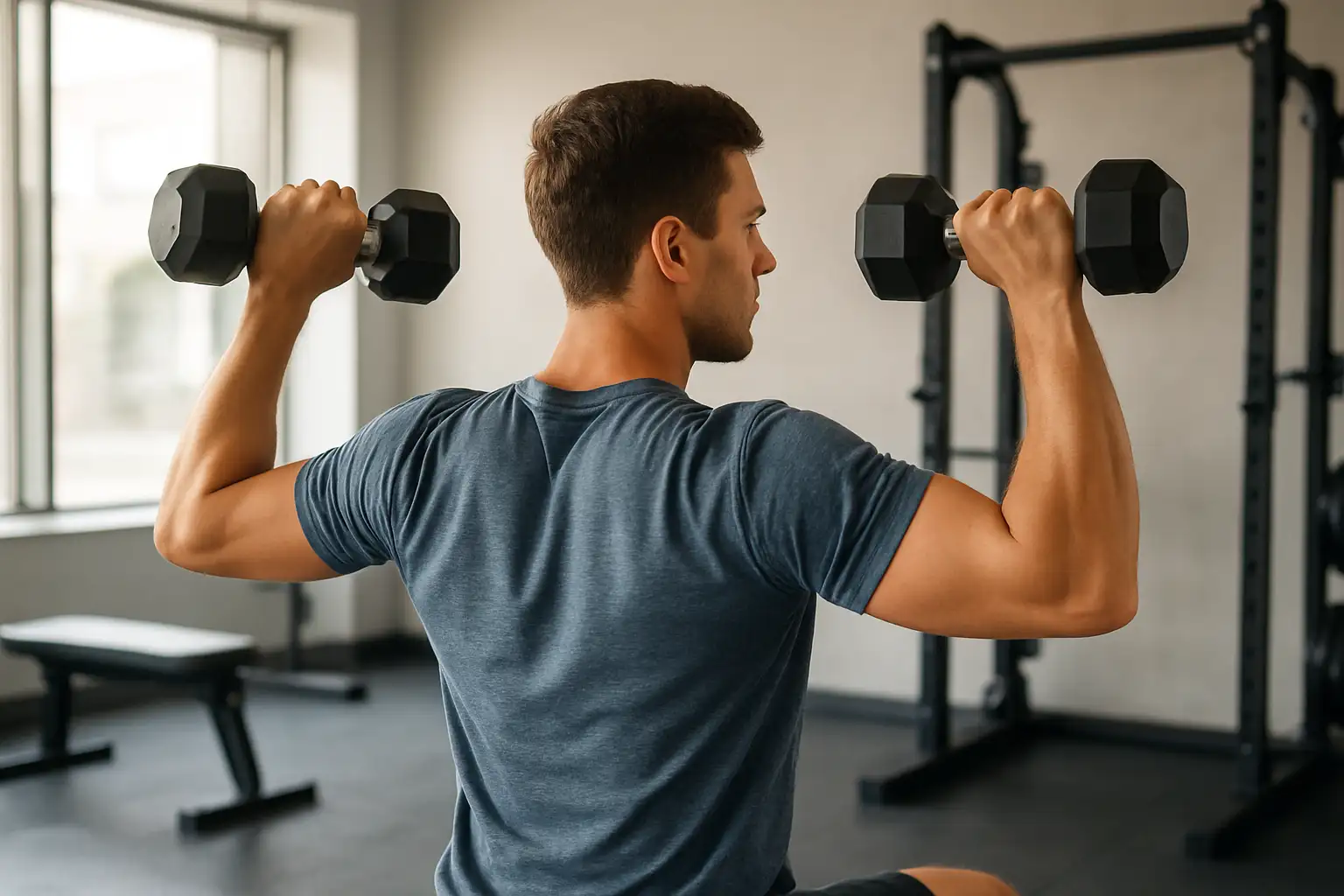 Personne réalisant un développé épaules avec haltères dans une salle de sport