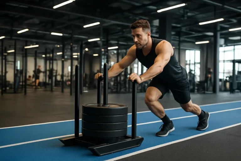 Athlète poussant un sled dans une épreuve HYROX en salle