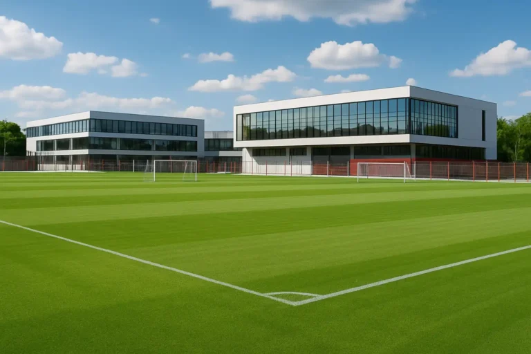 Terrain d’entraînement du FC Bayern München avec pelouse vide et installations en arrière-plan