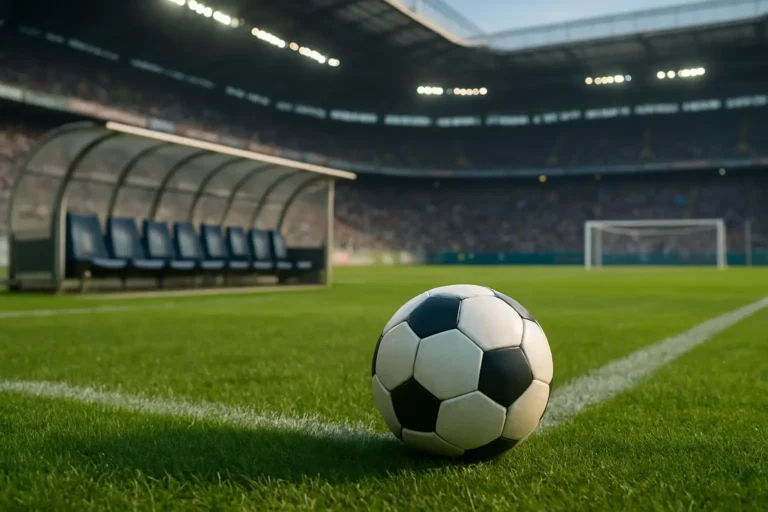 Terrain de football à San Siro avec le ballon au premier plan et le banc de touche au second plan
