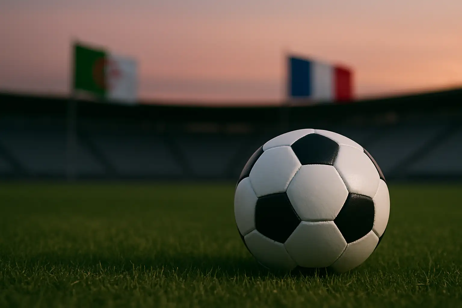 Ballon de football sur la pelouse d’un stade vide au crépuscule, avec les drapeaux algérien et français floutés en arrière-plan.