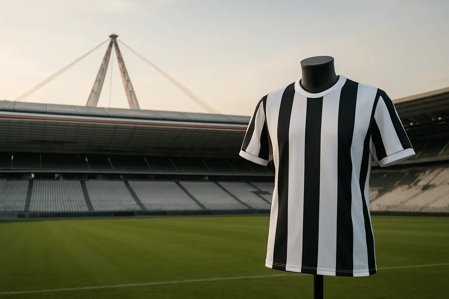 Maillot de la Juventus devant le Juventus Stadium au coucher du soleil