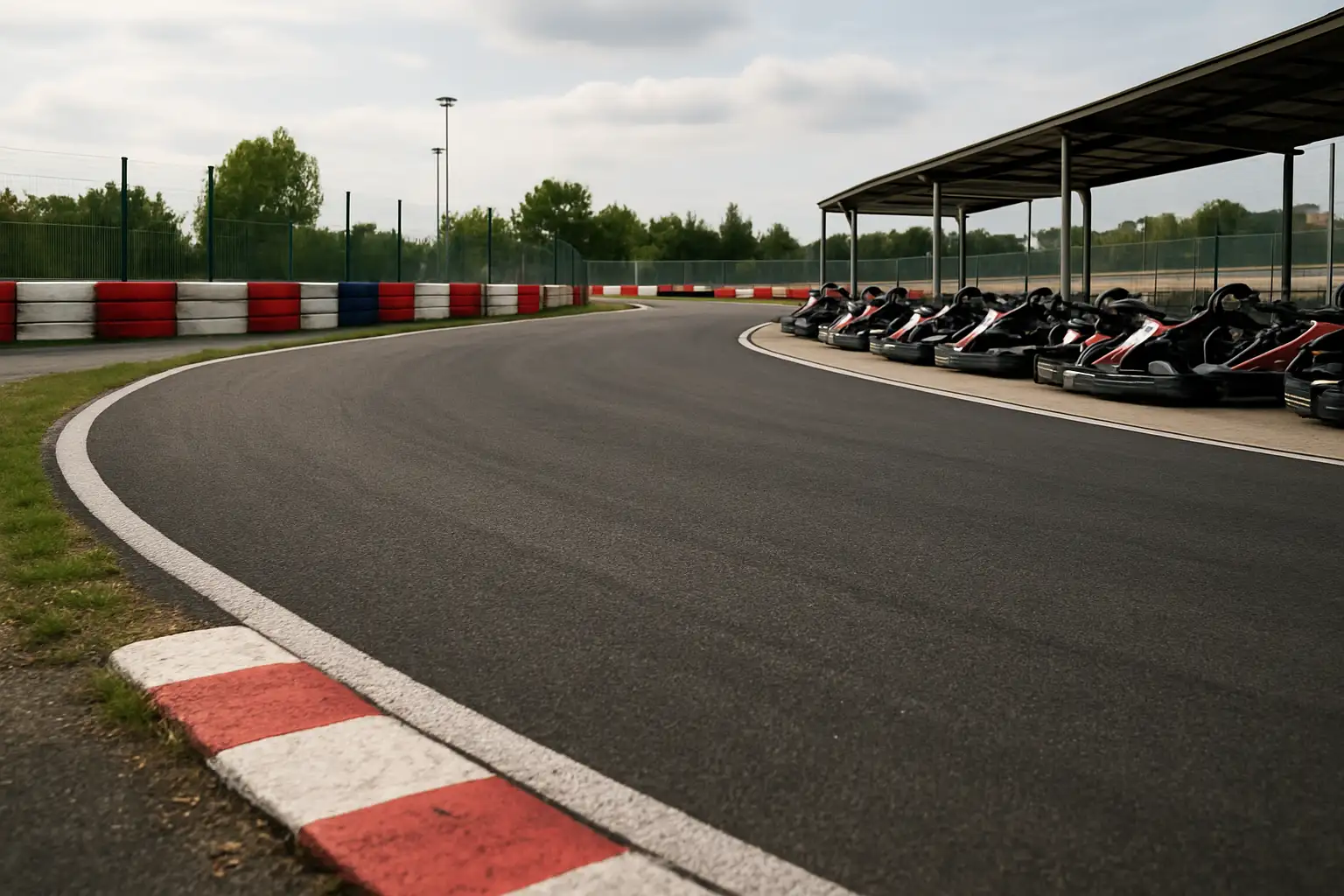 Piste extérieure de karting à Thiais avec plusieurs karts et barrières de sécurité