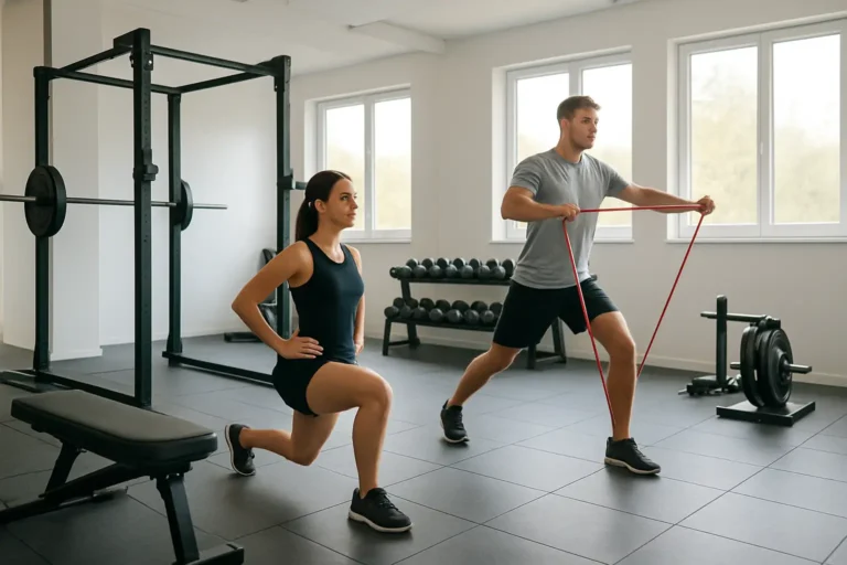 Personne s’échauffant avant une séance de musculation dans une salle moderne