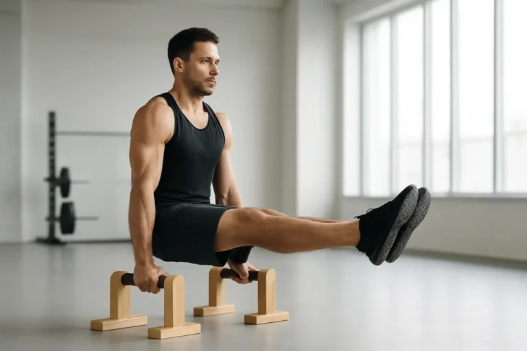 Athlète réalisant un L-sit sur parallettes basses dans une salle de sport lumineuse