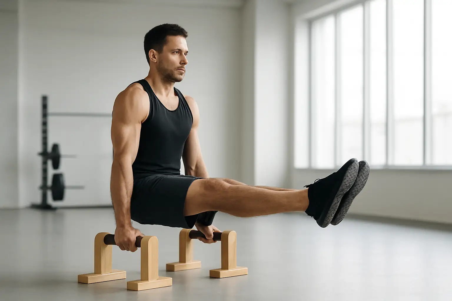 Athlète réalisant un L-sit sur parallettes basses dans une salle de sport lumineuse