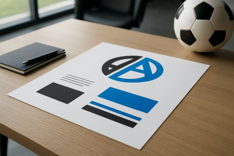 Document de charte graphique sur un bureau, avec une identité visuelle bleue et noire inspirée d’un club de football italien