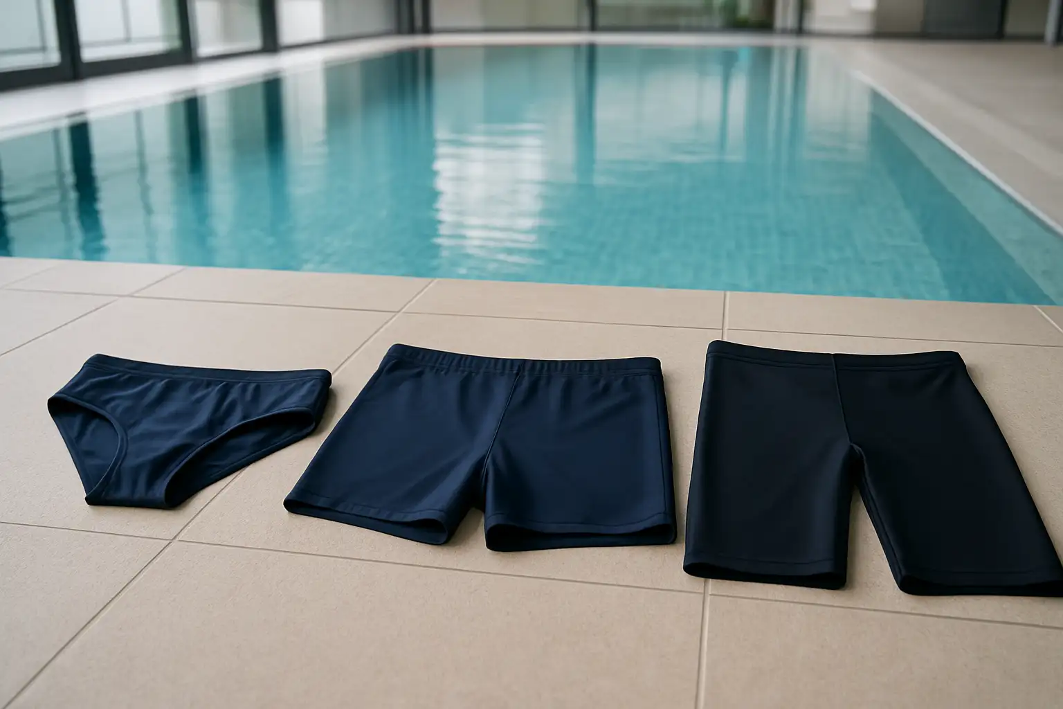 Assortiment de maillots de bain homme au bord d’une piscine intérieure