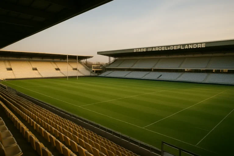 Vue horizontale du Stade Marcel-Deflandre à La Rochelle depuis la tribune côté pelouse