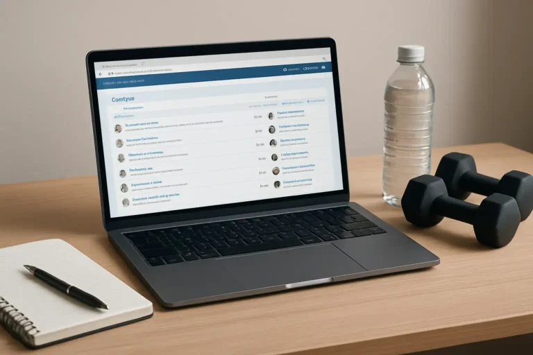 Ordinateur portable ouvert sur un forum de musculation, avec carnet d’entraînement et haltères sur un bureau