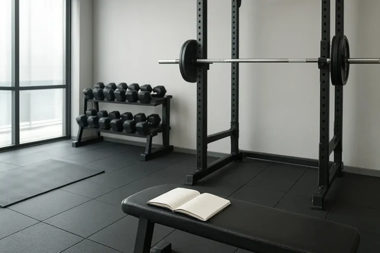 Salle de musculation avec rack, haltères et carnet d’entraînement ouvert