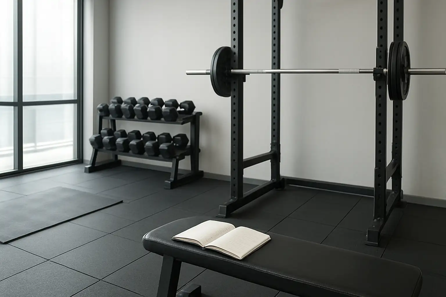 Salle de musculation avec rack, haltères et carnet d’entraînement ouvert
