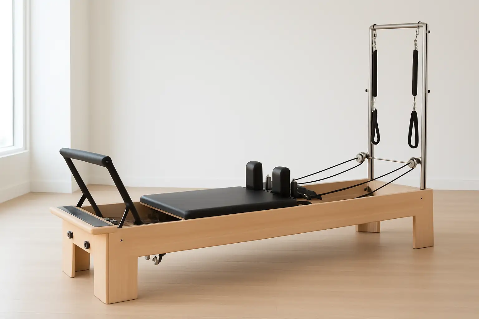 Reformer Pilates en bois clair dans un intérieur épuré, vu de côté avec le chariot, les ressorts et la footbar visibles.
