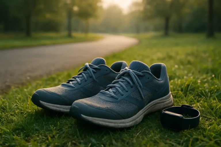 Chaussures de running, bracelet GPS et parcours d’entraînement matinal pour préparer un semi-marathon