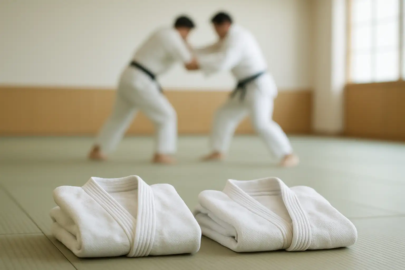 Tatami de judo avec deux judogi pliés et une prise de garde de base en arrière-plan flou