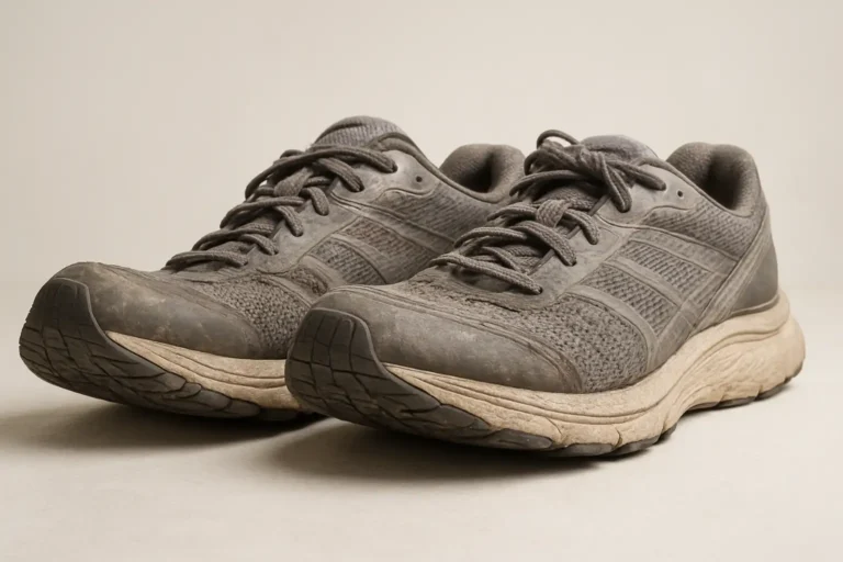 Paire de chaussures de running montrant une usure interne typique d’une foulée pronatrice