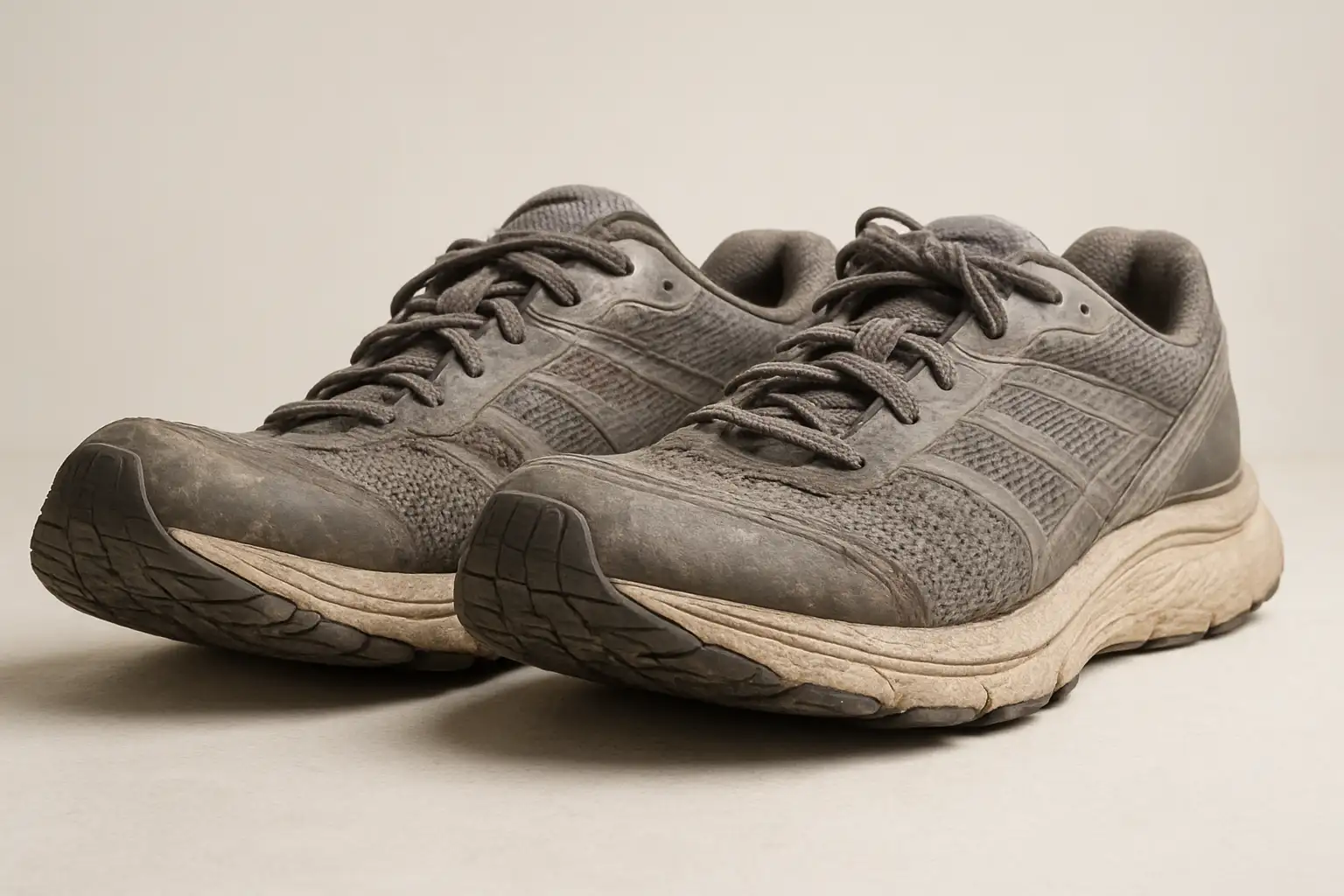 Paire de chaussures de running montrant une usure interne typique d’une foulée pronatrice
