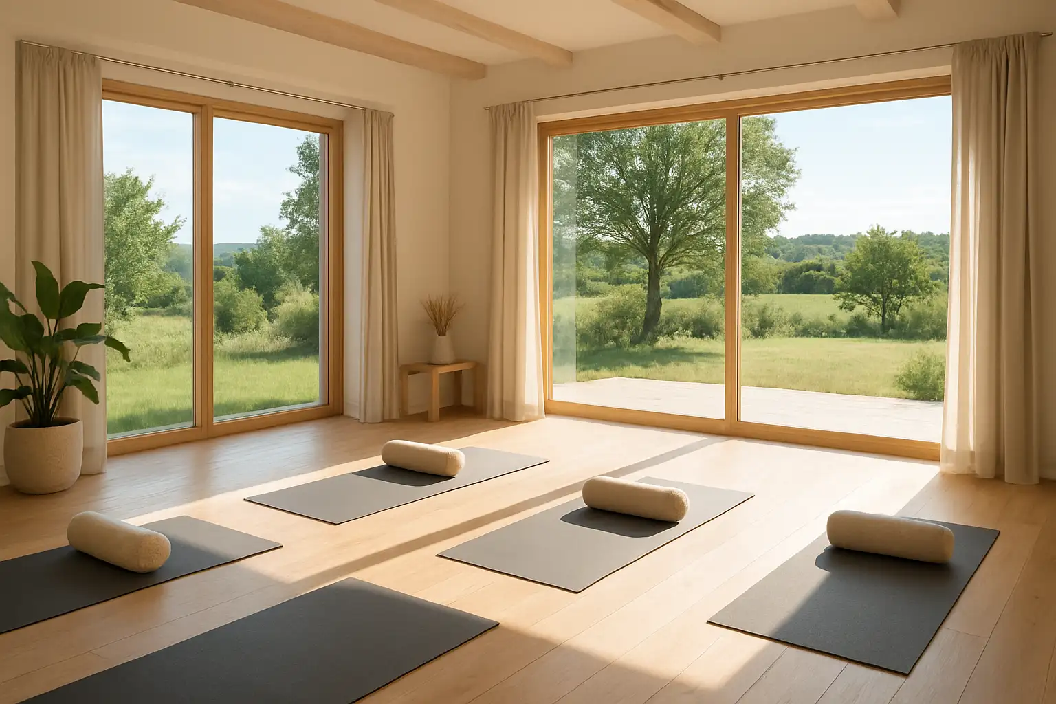 Salle lumineuse d’une retraite de yoga en France avec tapis au sol et vue sur la nature