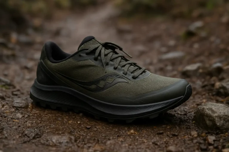 Chaussure de trail Saucony Peregrine 15 sur un sentier rocailleux