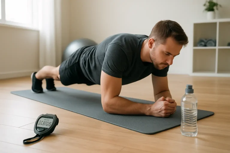 Tapis de sport avec chronomètre et bouteille d’eau pour une séance abdo