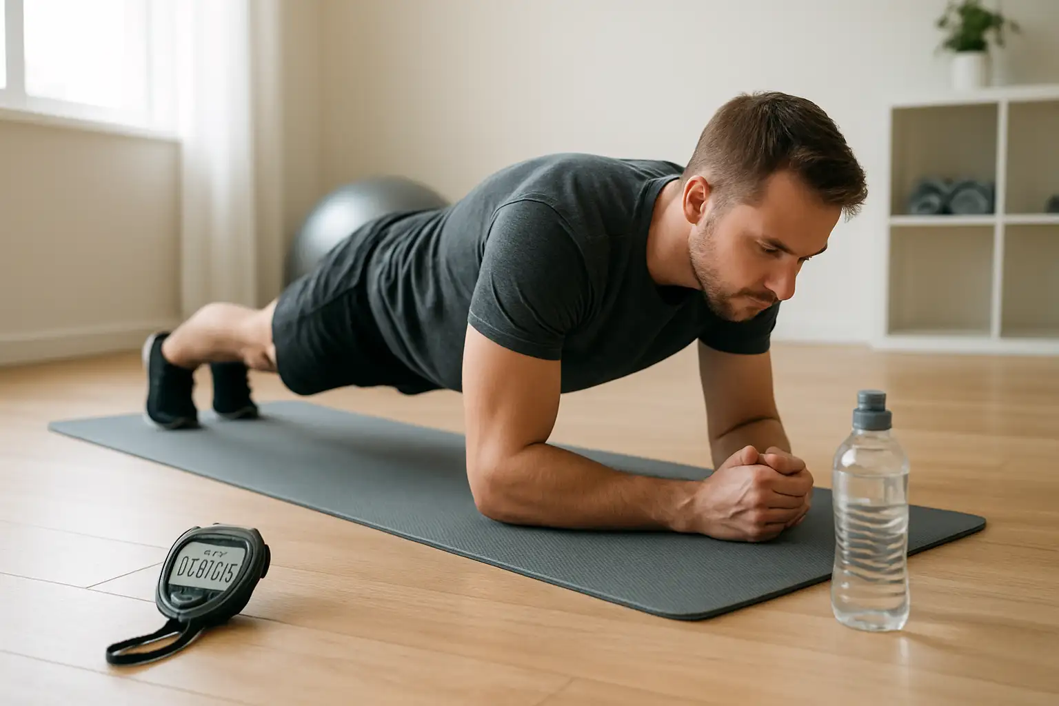 Tapis de sport avec chronomètre et bouteille d’eau pour une séance abdo