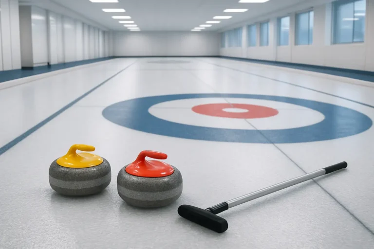 Piste de curling intérieure avec deux pierres près de la house et un balai