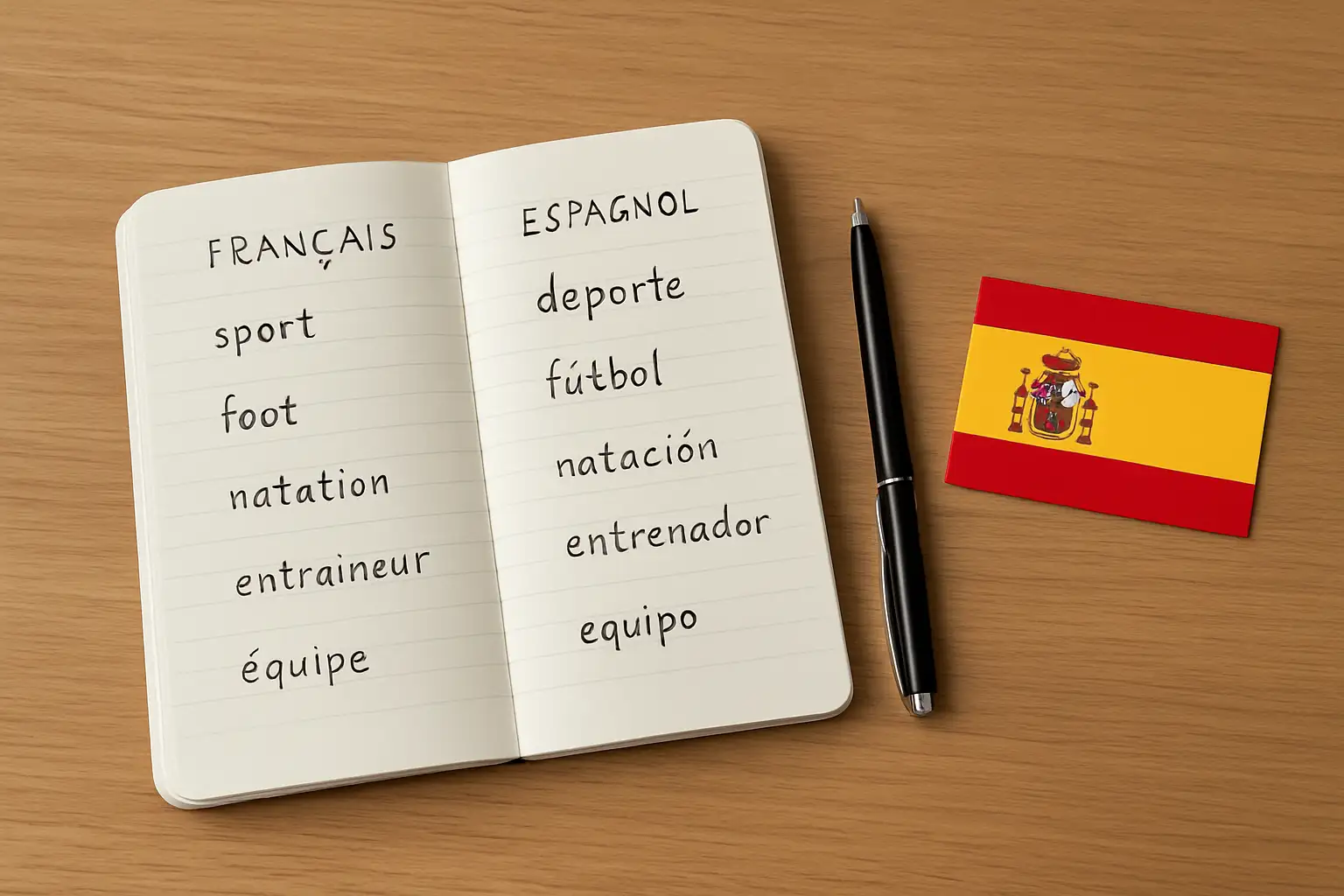 Carnet de vocabulaire sur le sport en espagnol avec des mots comme deporte, fútbol, natación et entrenador