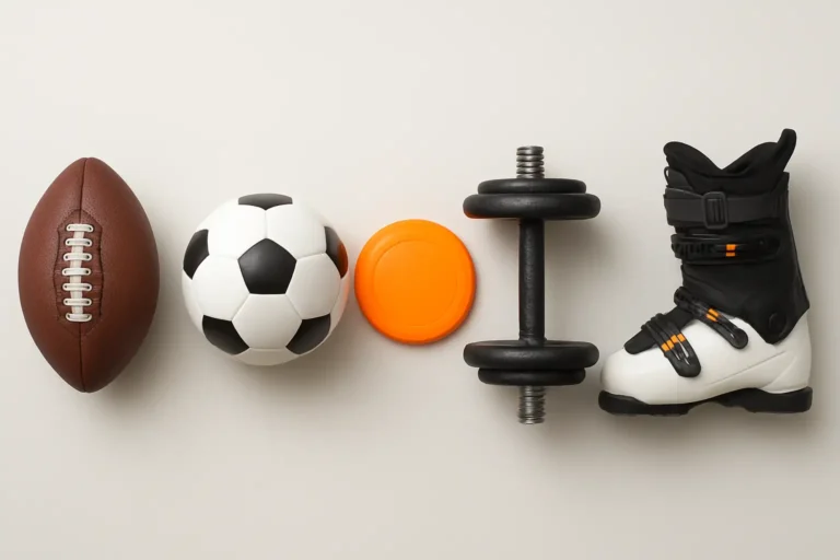 Équipements de plusieurs sports en F alignés sur une surface claire : football, futsal, frisbee, haltère et matériel de freeski.