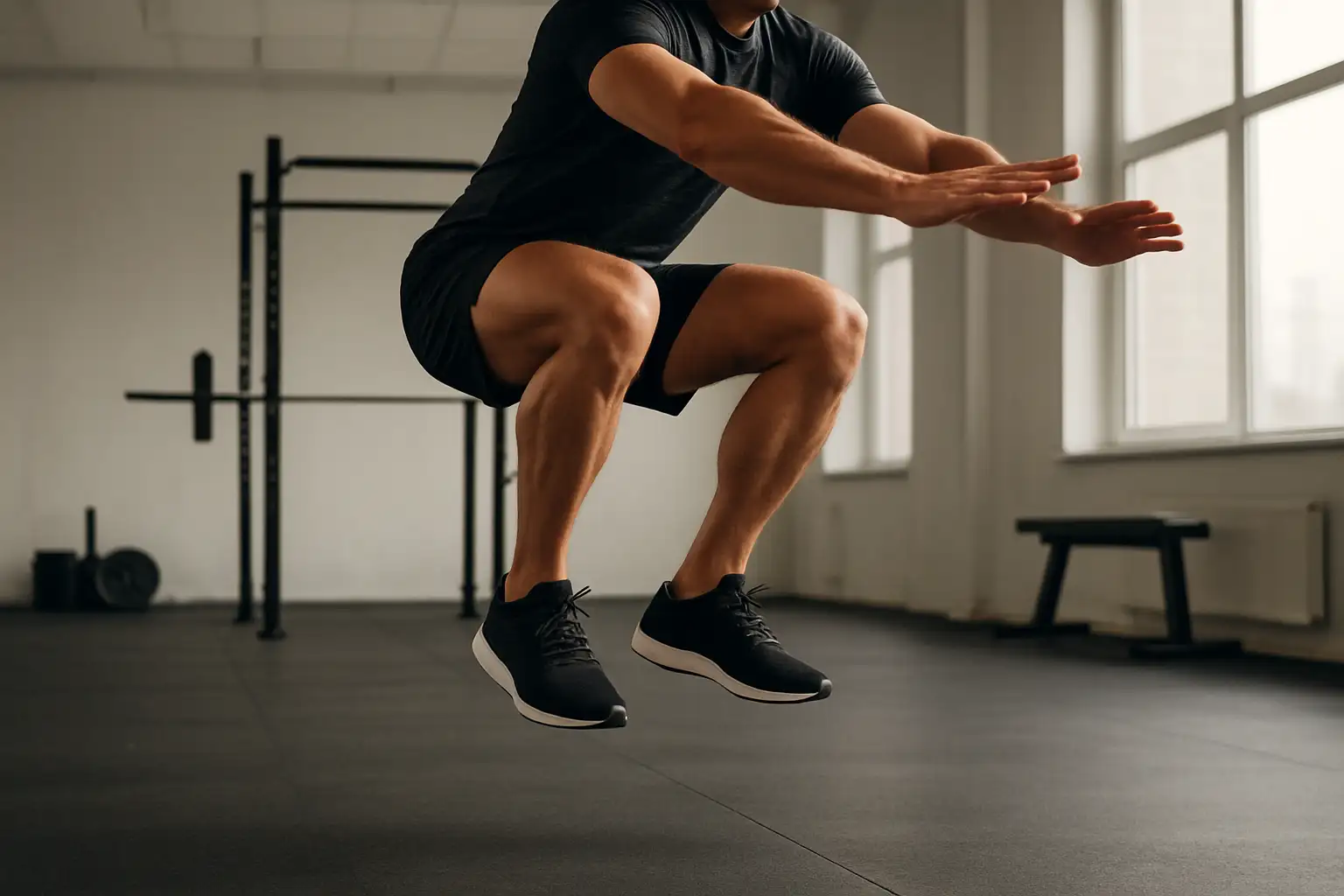 Athlète en plein squat jump dans une salle de sport, au moment de l’impulsion verticale.